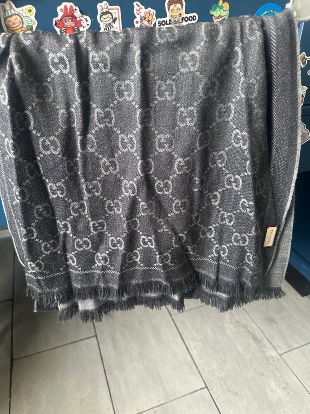 Gucci Gray GG Logo Fringe Scarf Wrap